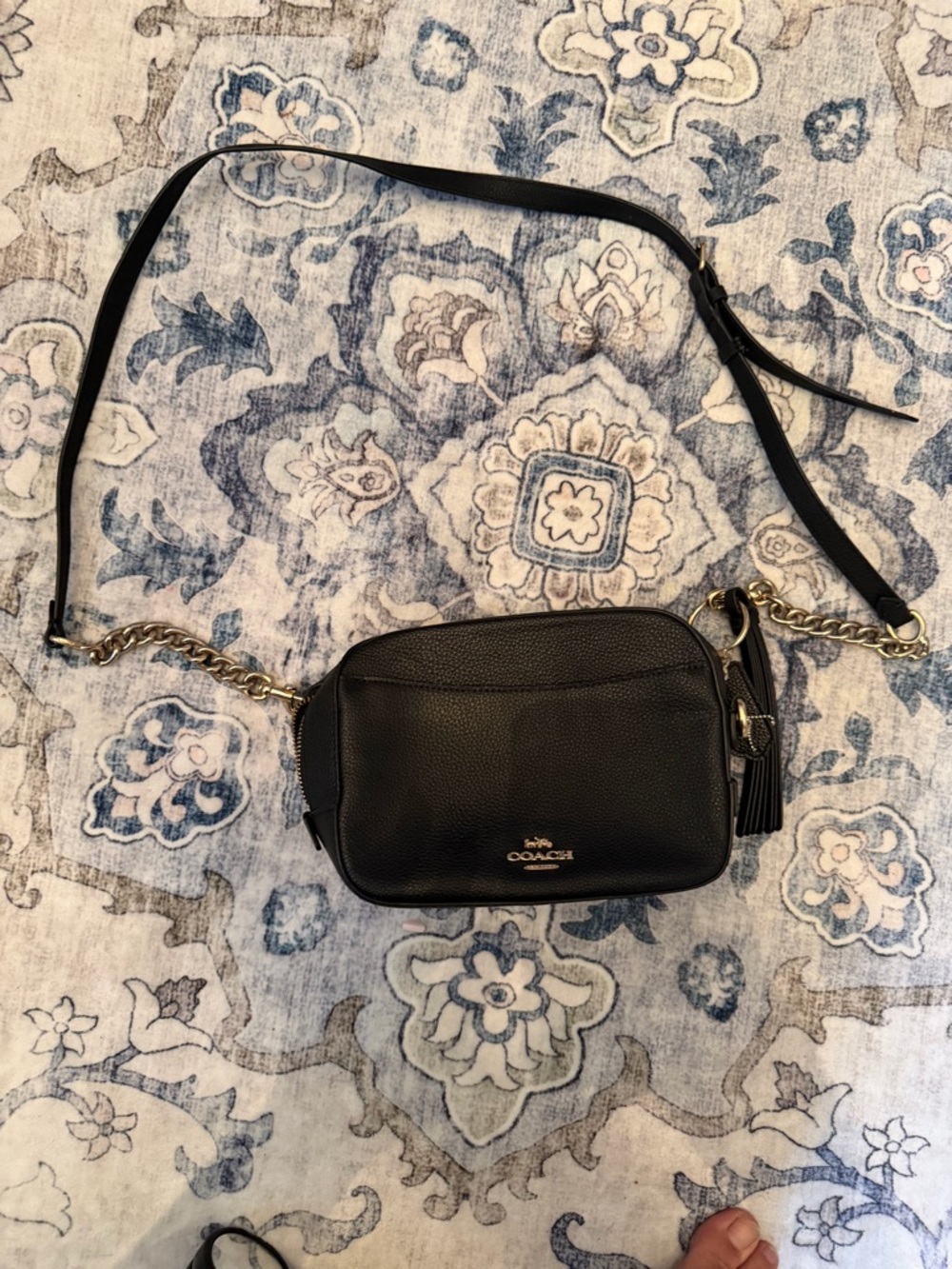 Coach Black Pebbled Leather Camera Crossbody with Gold Chain Trim